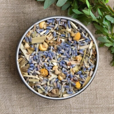 Harmony in a Cup loose herbal tea blend in a metal bowl