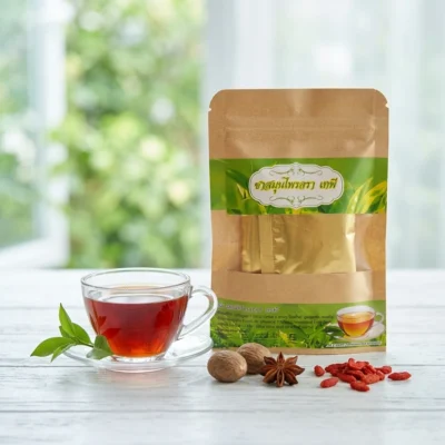 15-herb Thai herbal blend tea: kraft pouch with a gold-foil teabag window on a white-washed table, a glass cup of the red-amber brew with fresh leaves on the left, whole nutmegs, star anise and goji berries in front