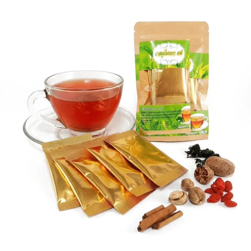 15-herb Thai botanical blend tea: gold-foil tea bag sachets, a brewed cup and the resealable pack with cinnamon, nutmeg and goji beside them