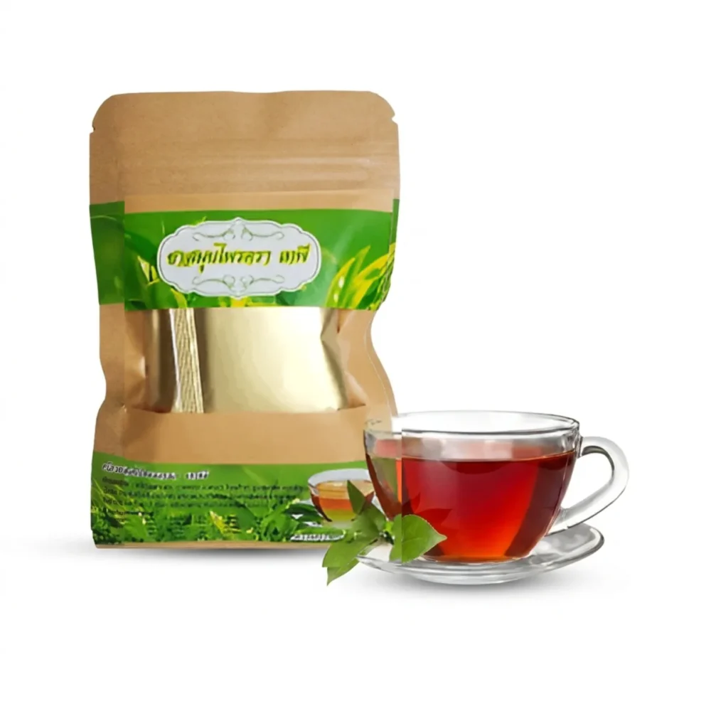 15-herb Thai botanical blend tea bags: resealable kraft pack and a cup of the deep red-amber infusion